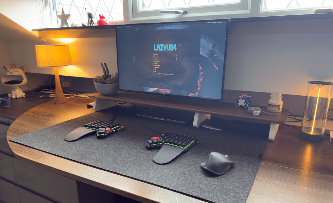 Warm, cozy workspace with code and ambient lighting